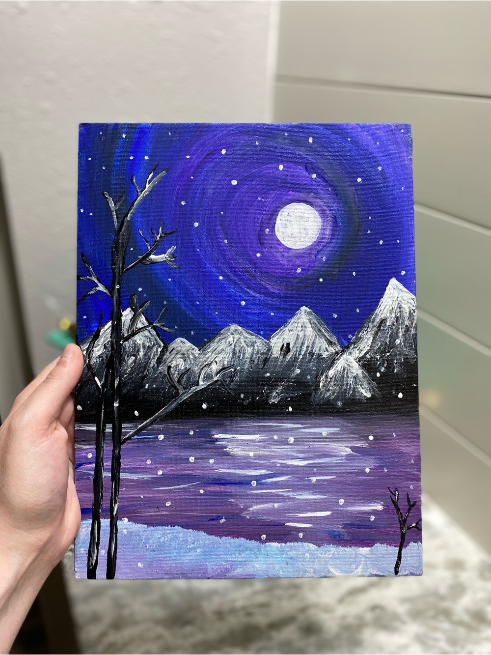 Hand-Painted Purple Night Mountain Canvas Board Art